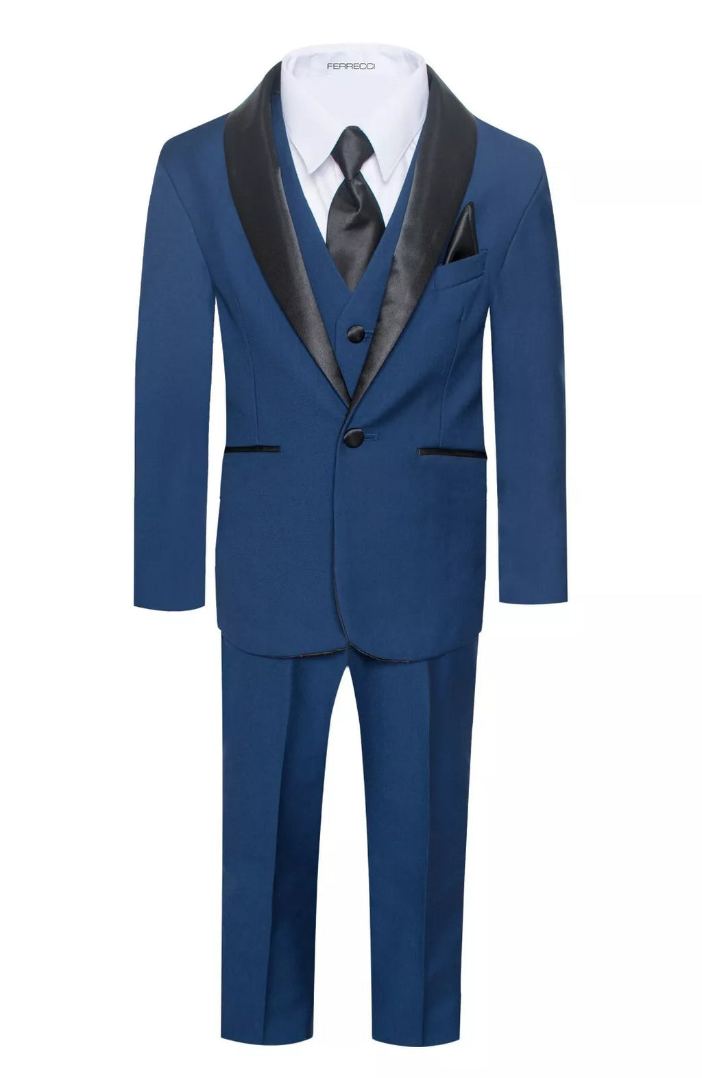 Boys Indigo Shawl Collar Tuxedo – 5-Piece Complete Outfit | Ferrecci Reno Jr