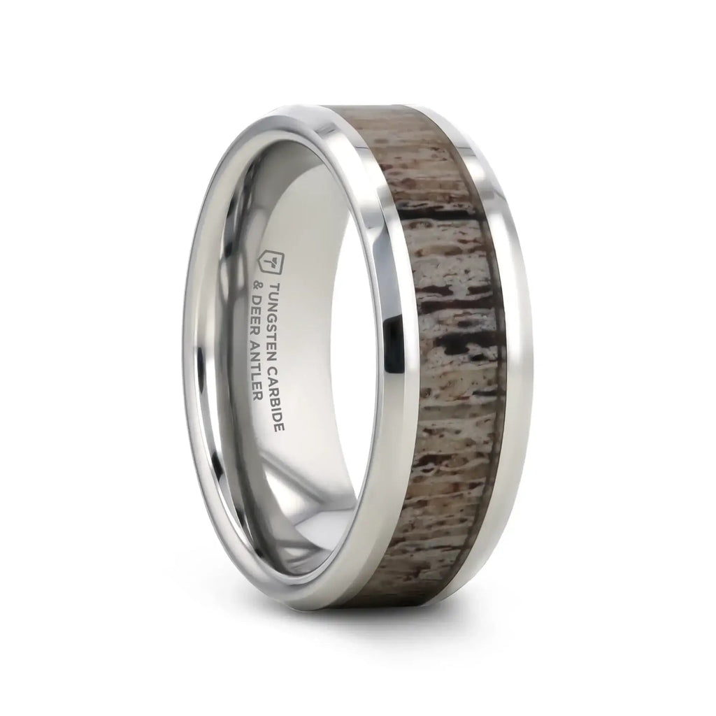 BUCK Polished Beveled Tungsten Carbide Men's Wedding Band with Ombre Deer Antler Inlay - 6mm & 8mm