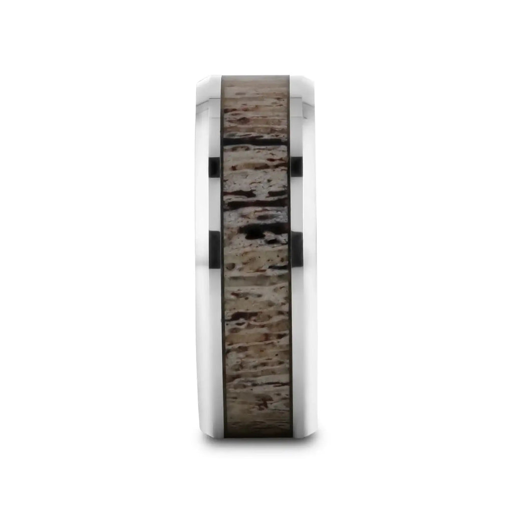 BUCK Polished Beveled Tungsten Carbide Men's Wedding Band with Ombre Deer Antler Inlay - 6mm & 8mm