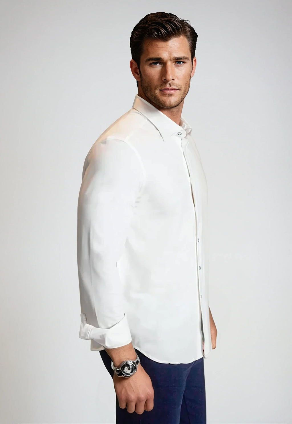 Single Shot Button Front Long Sleeve Shirt - White