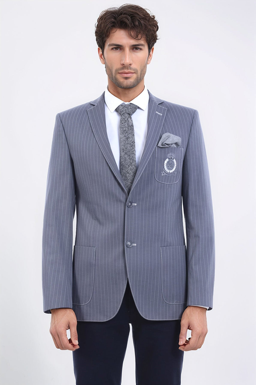 Striped Single Slit Crested Bag Pocket Grey Jacket-Wessi