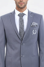 Striped Single Slit Crested Bag Pocket Grey Jacket-Wessi