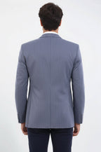 Striped Single Slit Crested Bag Pocket Grey Jacket-Wessi