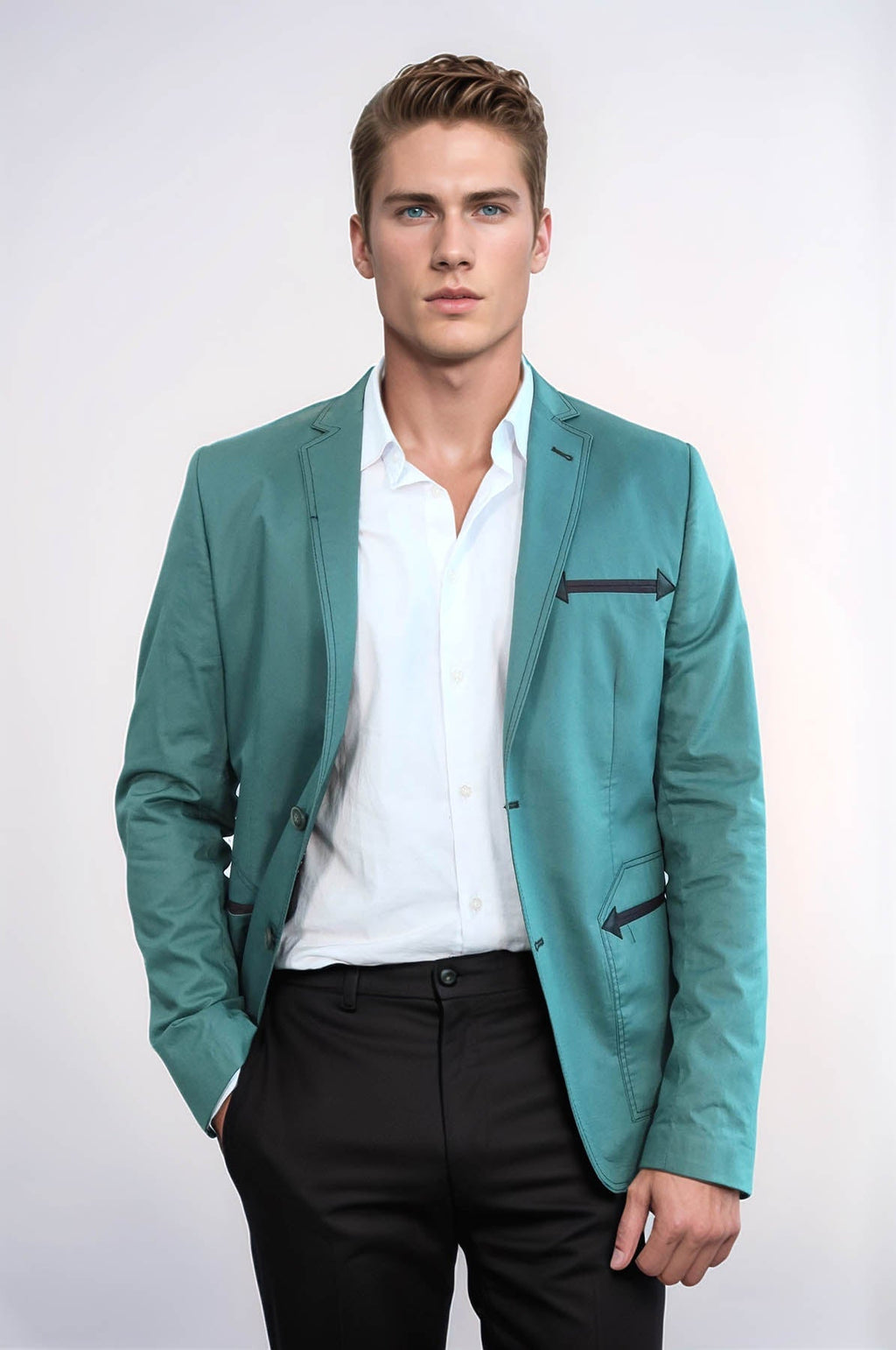 Double Button Mono Lapel Bag Pocket Cotton Green Jacket-Wessi
