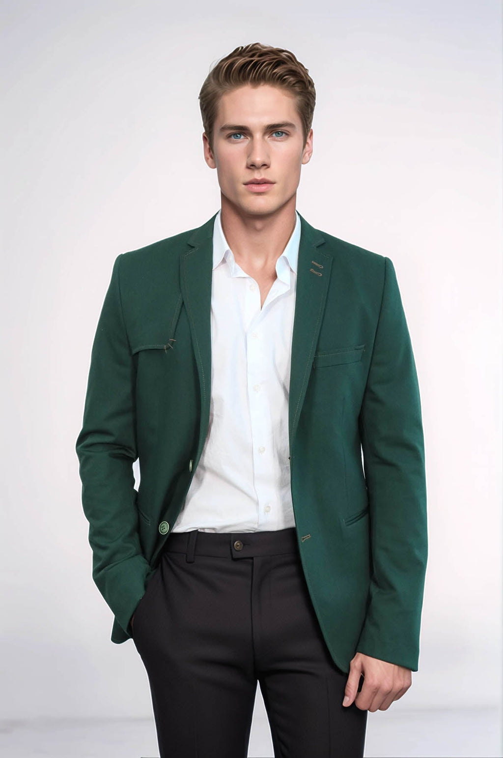 Double Buttons Shoulder Piece Mono Lapel Green Jacket-Wessi