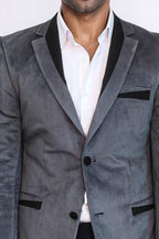 2 Buttons Pocket Piping Velvet Grey Jacket