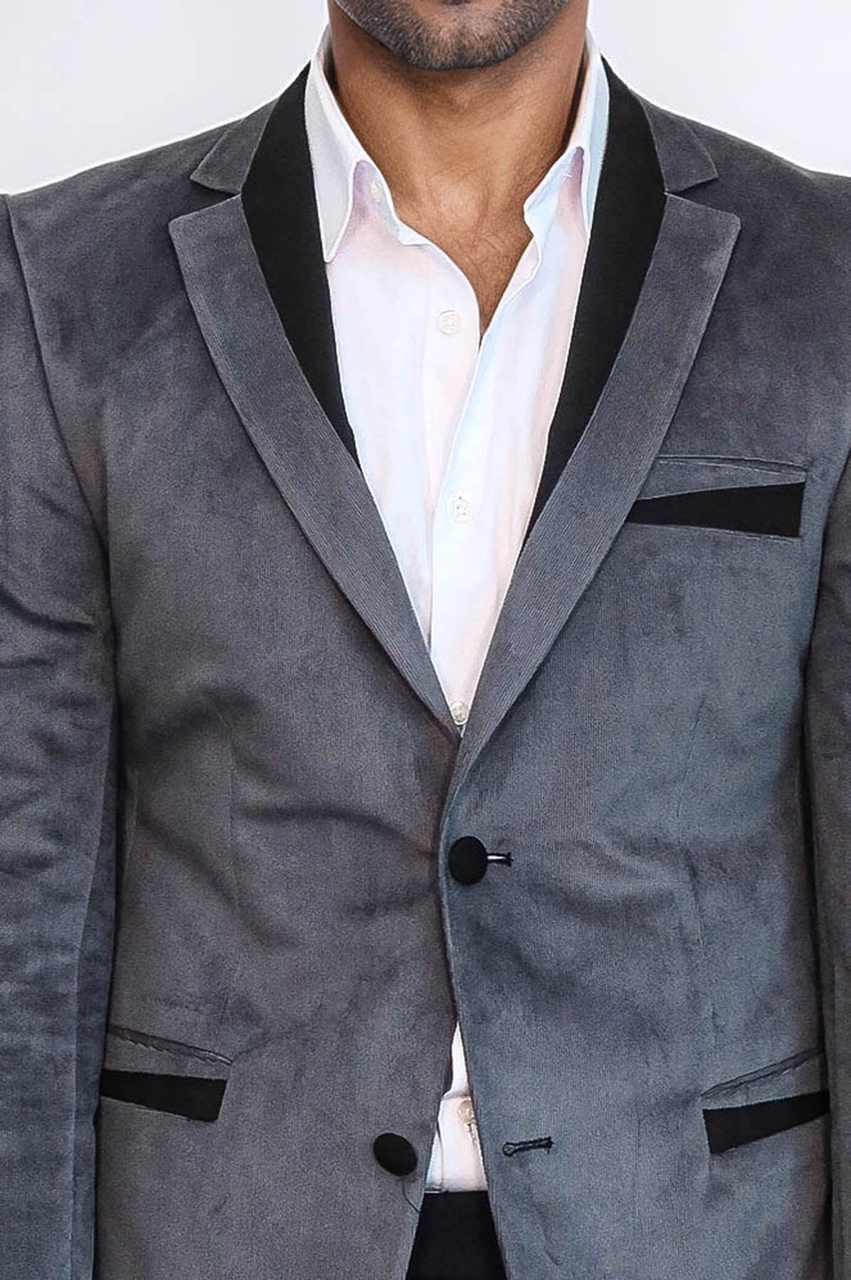2 Buttons Pocket Piping Velvet Grey Jacket