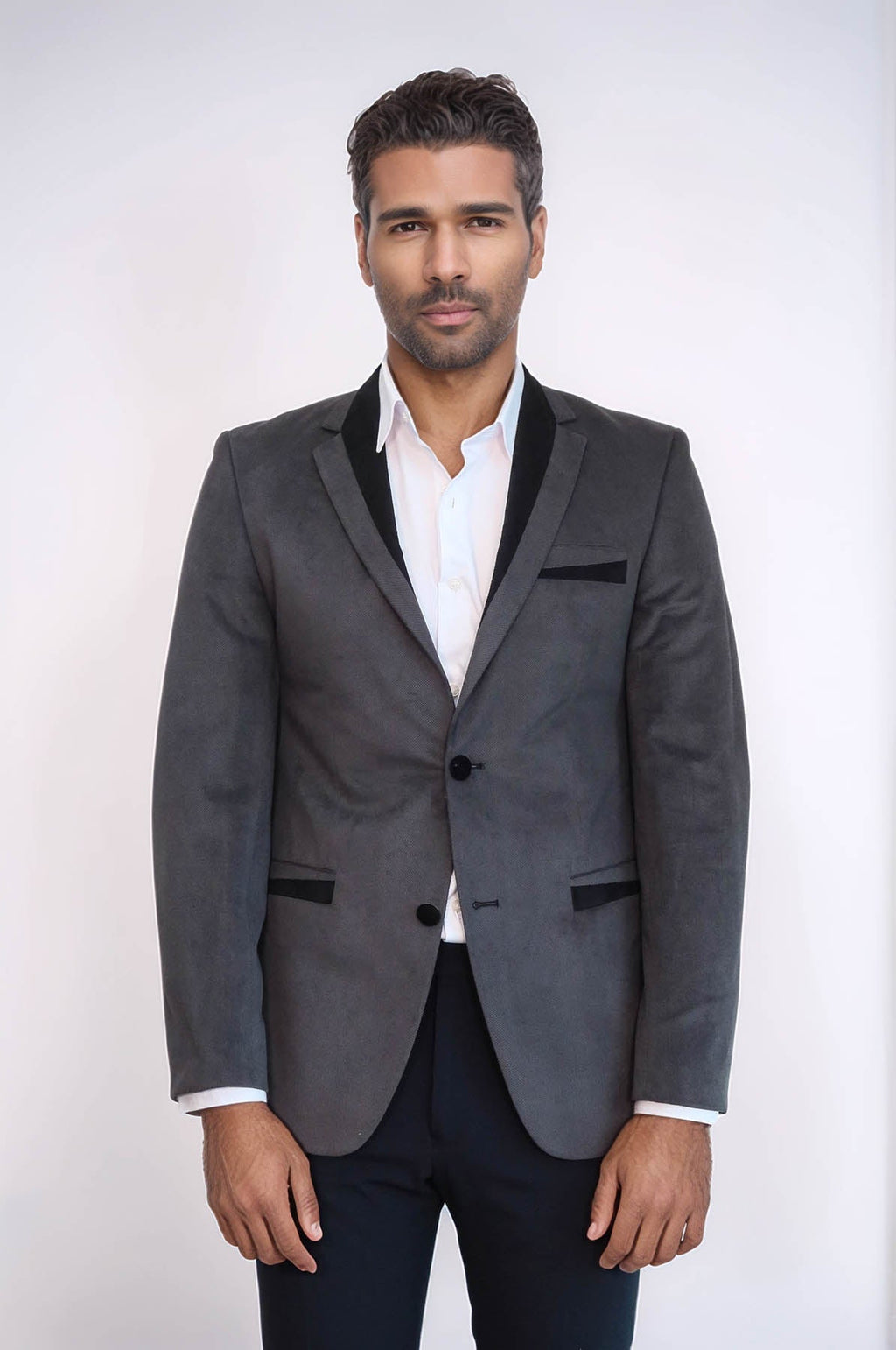 2 Buttons Pocket Piping Velvet Grey Jacket
