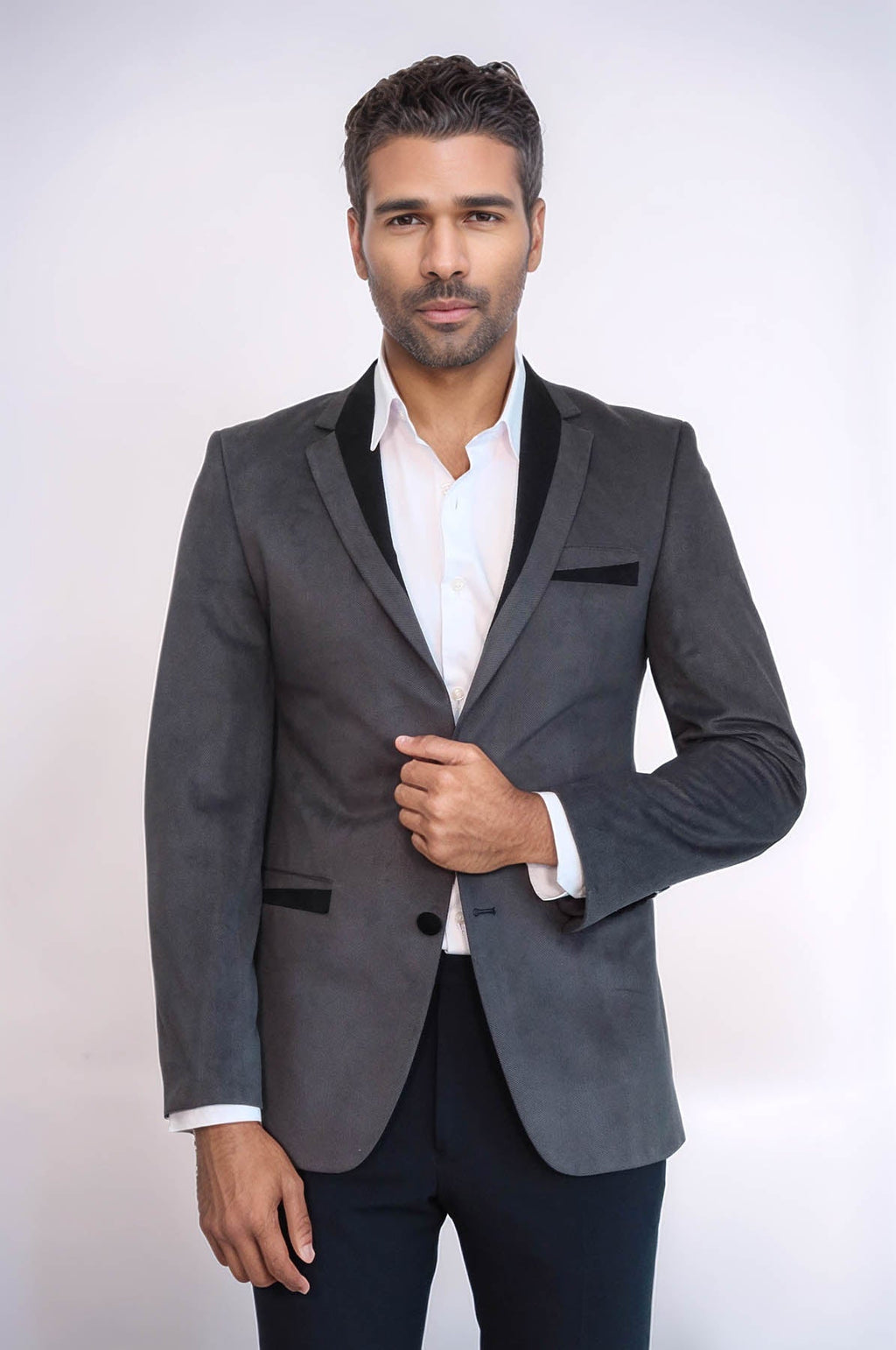 2 Buttons Pocket Piping Velvet Grey Jacket