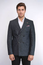 Double Breasted Slim Fit Navy Blue Blazer - Wessi