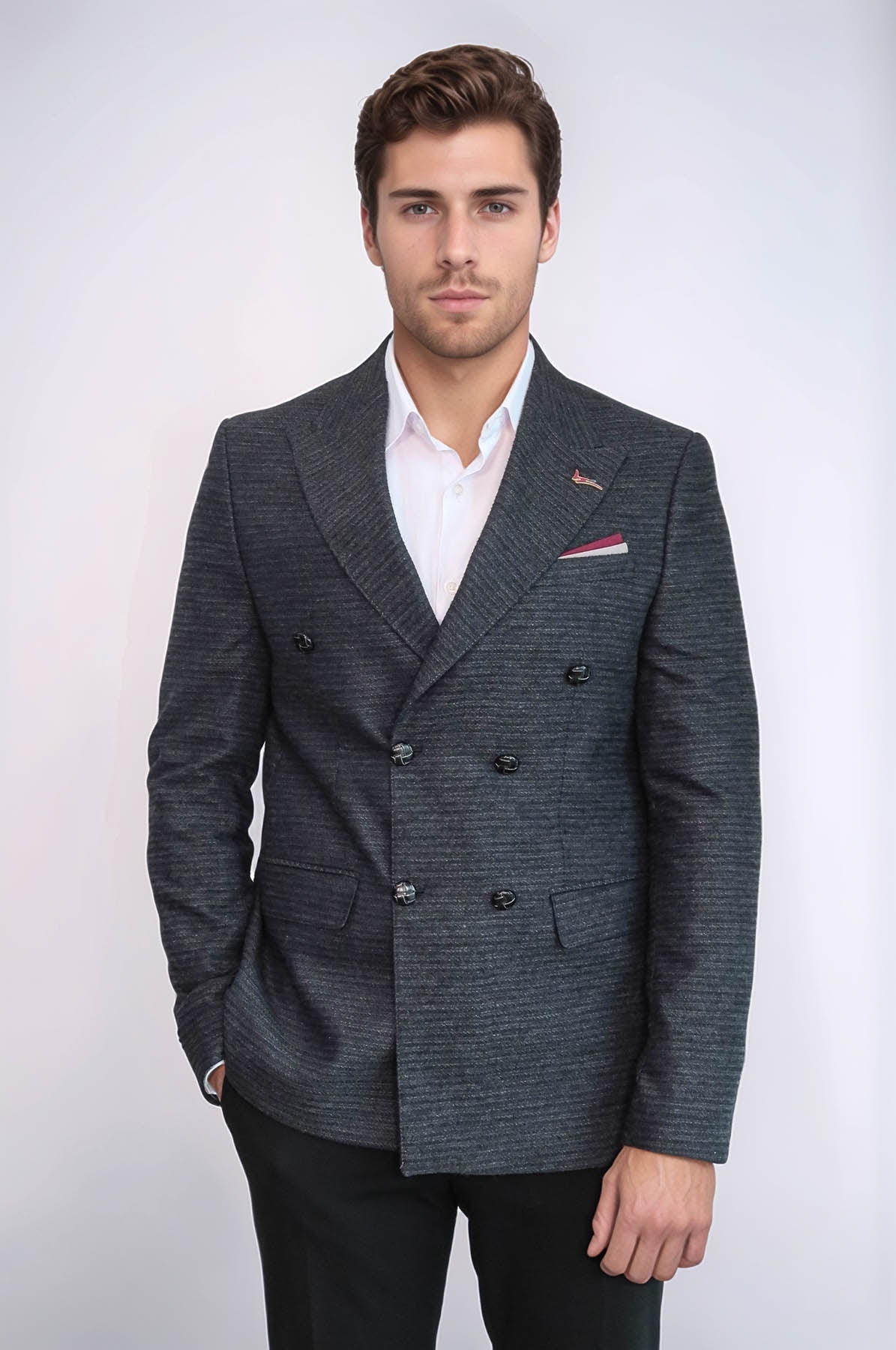 Double Breasted Slim Fit Navy Blue Blazer - Wessi