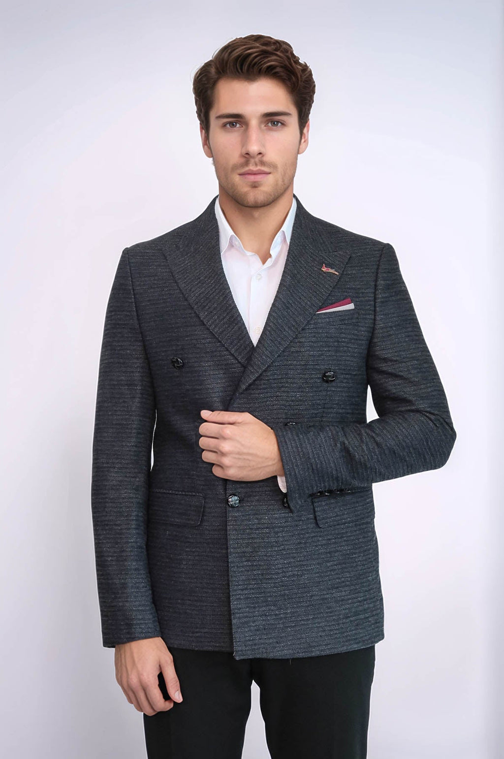 Double Breasted Slim Fit Navy Blue Blazer - Wessi