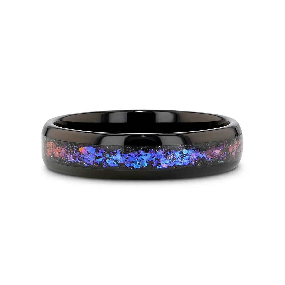 COSMIC Black Tungsten Ring with Crushed Alexandrite and Dark Blue & Purple Crushed Goldstone – 4mm to 8mm