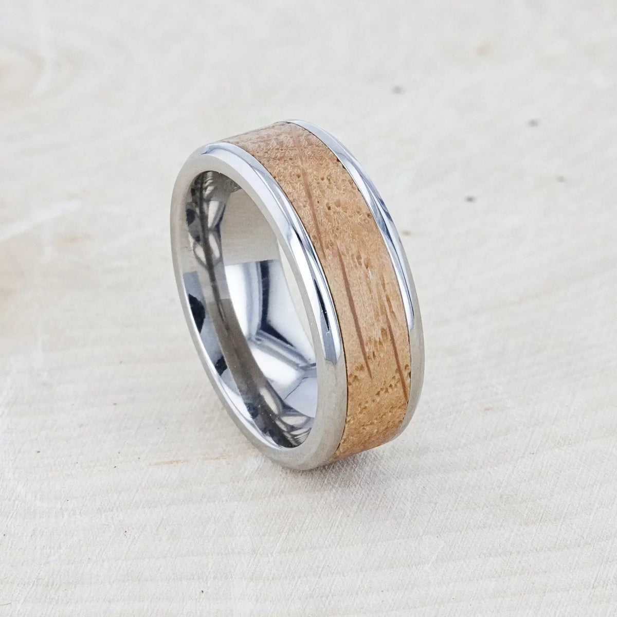 CASK Whiskey Barrel Inlaid Titanium Men's Wedding Band With Beveled Polished Edges Made From Genuine Whiskey Barrels - 8mm