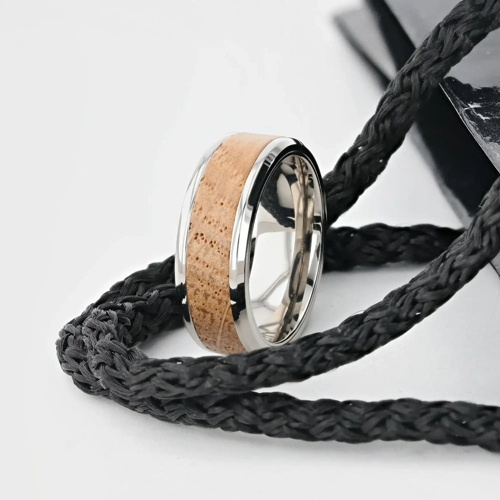 CASK Whiskey Barrel Inlaid Titanium Men's Wedding Band With Beveled Polished Edges Made From Genuine Whiskey Barrels - 8mm