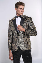 Slim Fit Gold Paisley Patterned Black Men Tuxedo Blazer - Wessi