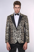 Slim Fit Gold Paisley Patterned Black Men Tuxedo Blazer - Wessi