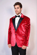 Peak Lapel Velvet Red Men Wedding Tuxedo Blazer - Wessi