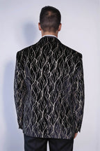Gold Patterned Over Black Velvet Men Evening Tuxedo Blazer - Wessi