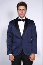 Patterned Shawl Lapel Navy Blue Men Tuxedo Jacket - Wessi