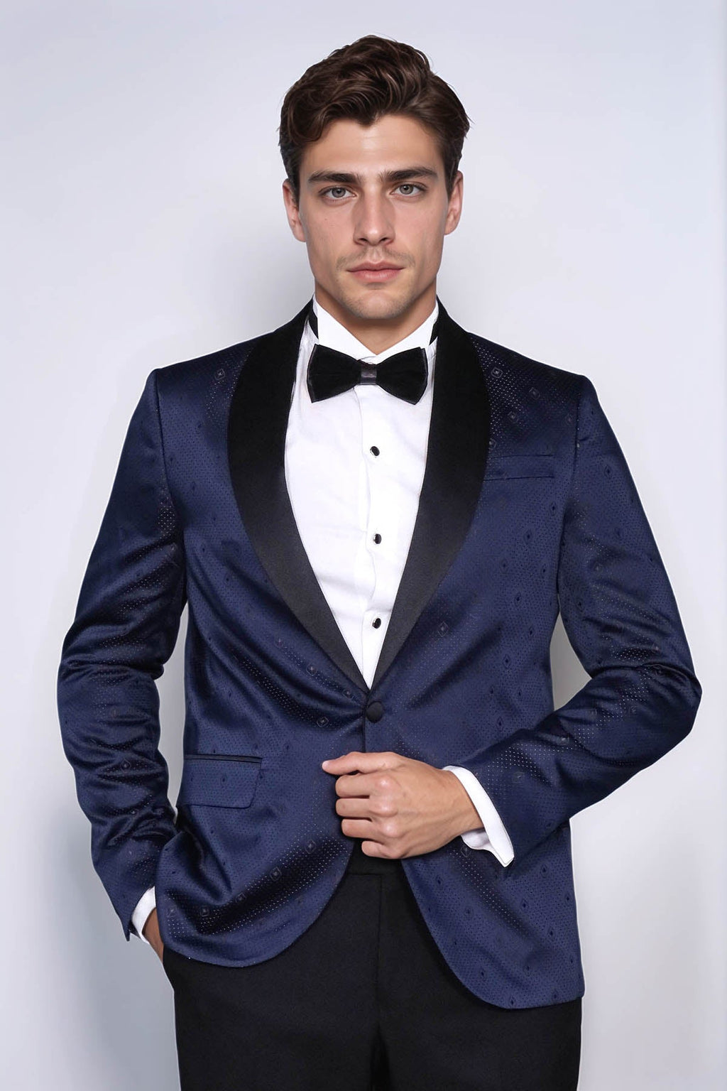 Patterned Shawl Lapel Navy Blue Men Tuxedo Jacket - Wessi
