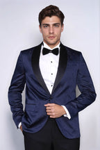 Patterned Shawl Lapel Navy Blue Men Tuxedo Jacket - Wessi
