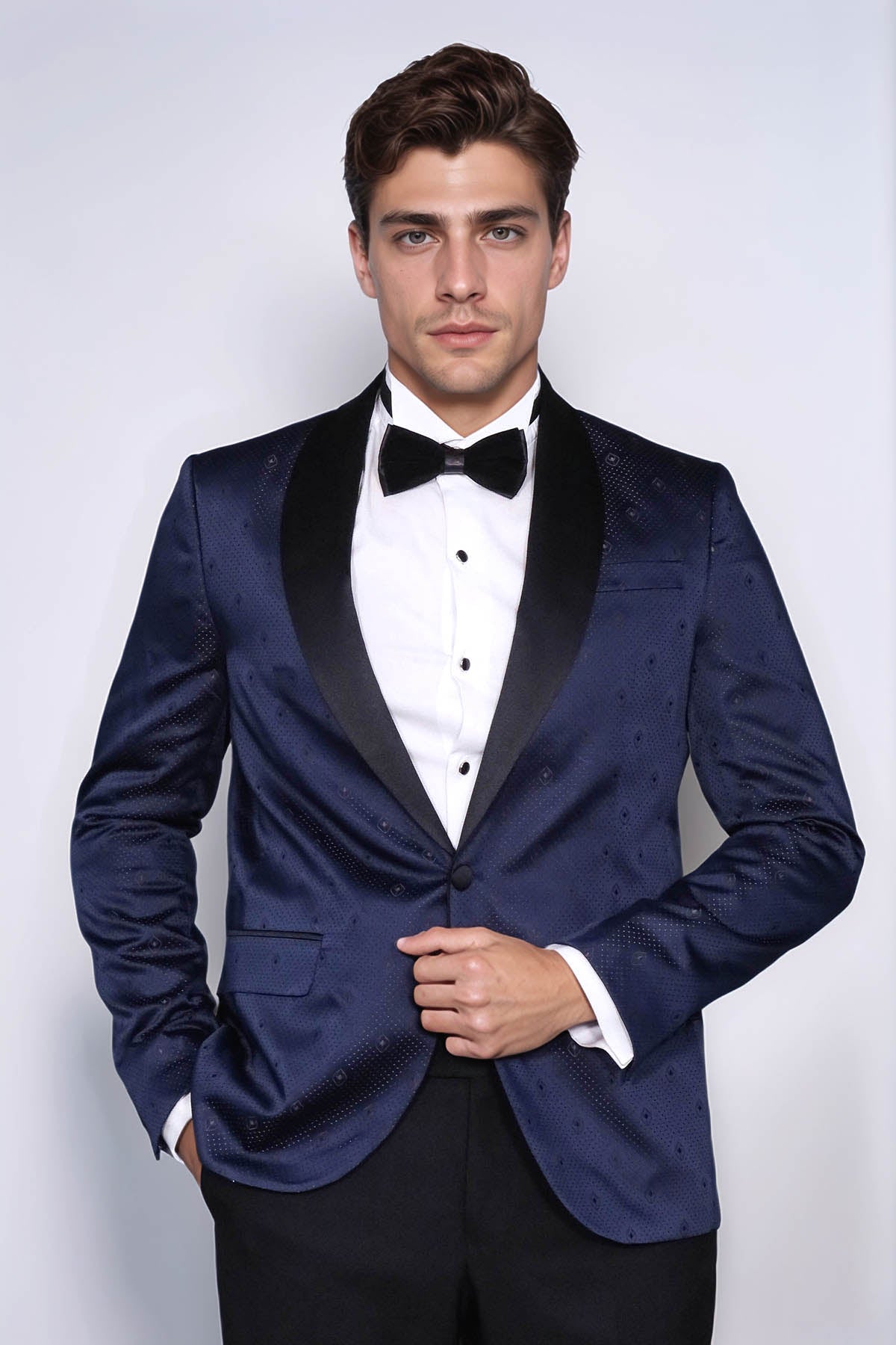 Patterned Shawl Lapel Navy Blue Men Tuxedo Jacket - Wessi