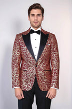 Root Pattern Peak Lapel Burgundy Men Party Blazer - Wessi