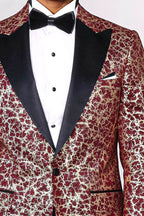 Root Pattern Peak Lapel Burgundy Men Party Blazer - Wessi