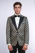Floral Patterned Peak Lapel  Navy Blue with Gold Embellished Dinner Jacket - Wessi