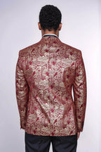 Paisley Peak Lapel Burgundy Men Singer Tuxedo Blazer - Wessi