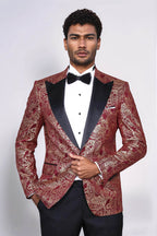 Paisley Peak Lapel Burgundy Men Singer Tuxedo Blazer - Wessi