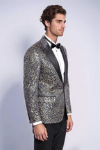 Feather Patterned Slim Fit Navy Blue Men Dinner Jacket - Wessi