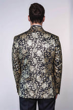 Gold Rose Patterned Slim Fit Black Men Singer Tuxedo Blazer - Wessi