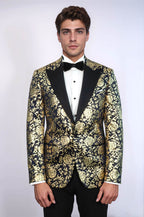 Gold Rose Patterned Slim Fit Navy Blue Men Party Blazer - Wessi