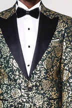 Gold Rose Patterned Slim Fit Green Men Singer Tuxedo Jacket - Wessi