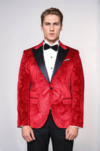 Floral Patterned Velvet Burgundy Men Tuxedo Jacket - Wessi
