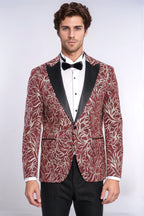 Sparkling Ivy Patterned Slim Fit Burgundy Men Evening Tuxedo Jacket - Wessi