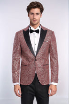 Flower Embroidered Pattern Burgundy Men Tuxedo Blazer - Wessi