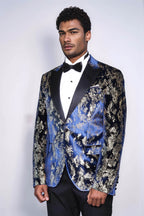 Peak Lapel Slim Fit Gold Patterned Navy Blue Men Party Blazer