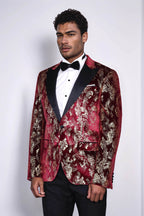 Peak Lapel Slim Fit Gold Patterned Burgundy Men Party Blazer - Wessi