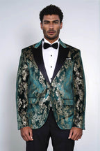 Peak Lapel Slim Fit Gold Patterned Green Men Prom Party Blazer
