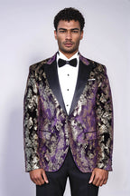 Peak Lapel Slim Fit Gold Patterned Purple Men Singer Tuxedo Blazer