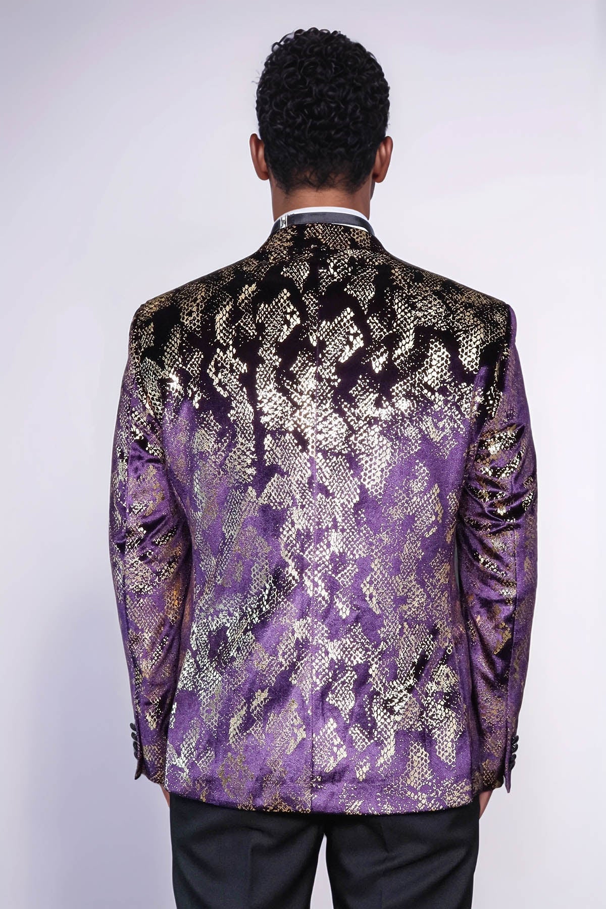 Peak Lapel Slim Fit Gold Patterned Purple Men Singer Tuxedo Blazer