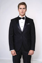 Satin Peak Lapel Textured Men's Royal Black Tuxedo Jacket - Wessi