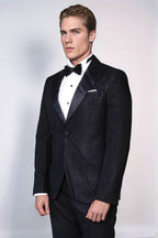 Satin Peak Lapel Textured Men's Royal Black Tuxedo Jacket - Wessi