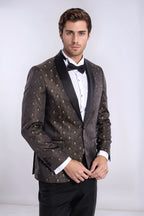 Shawl Lapel Gold Dot Patterned Over Black Men Tuxedo Blazer - Wessi
