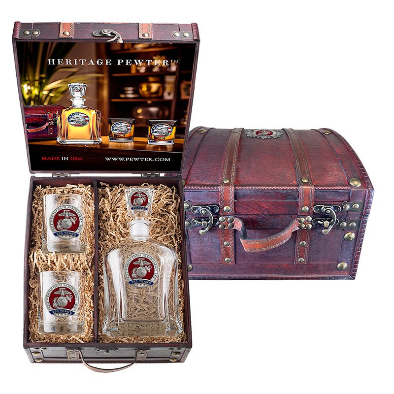 250th Anniversary Marine Corps Capitol Decanter and 2 Glasses with Chest Box