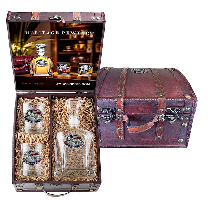 America's 250th Anniversary Mount Rushmore Capitol Decanter and 2 Glasses with Chest Box