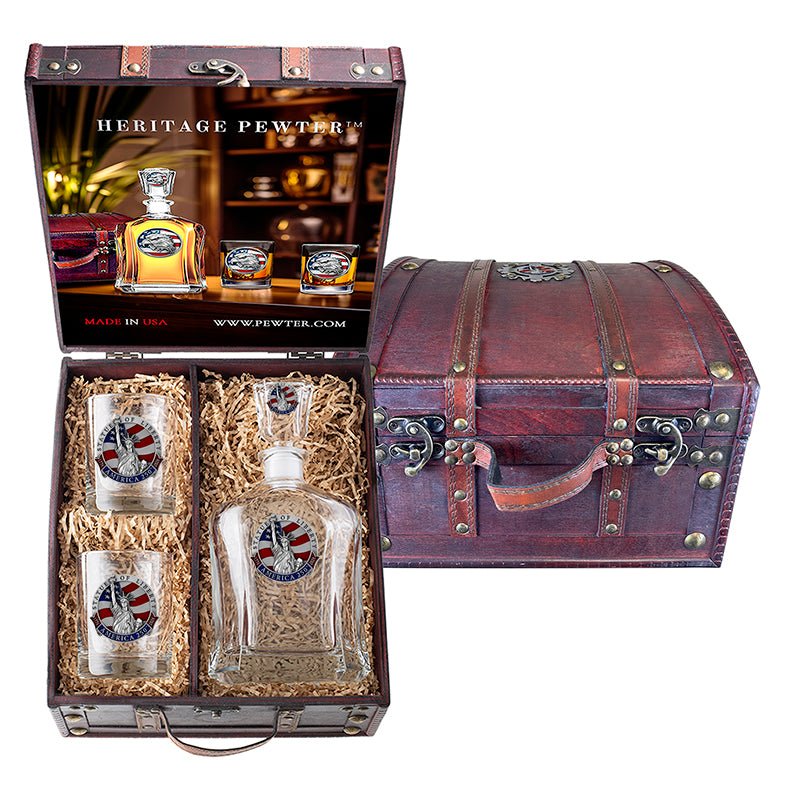 America's 250th Anniversary Statue of Liberty Capitol Decanter and 2 Glasses w/Chest Box